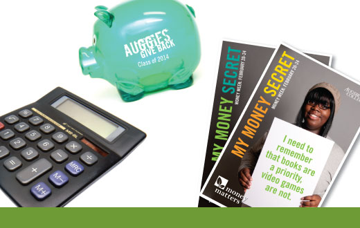 Calculator, piggy bank and money matters posters